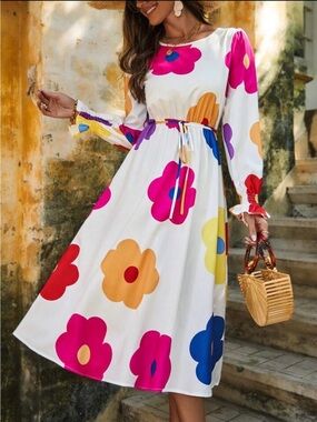 SHEIN White Midi Dress with Pink, Orange, Yellow, Blue & Red Floral Print